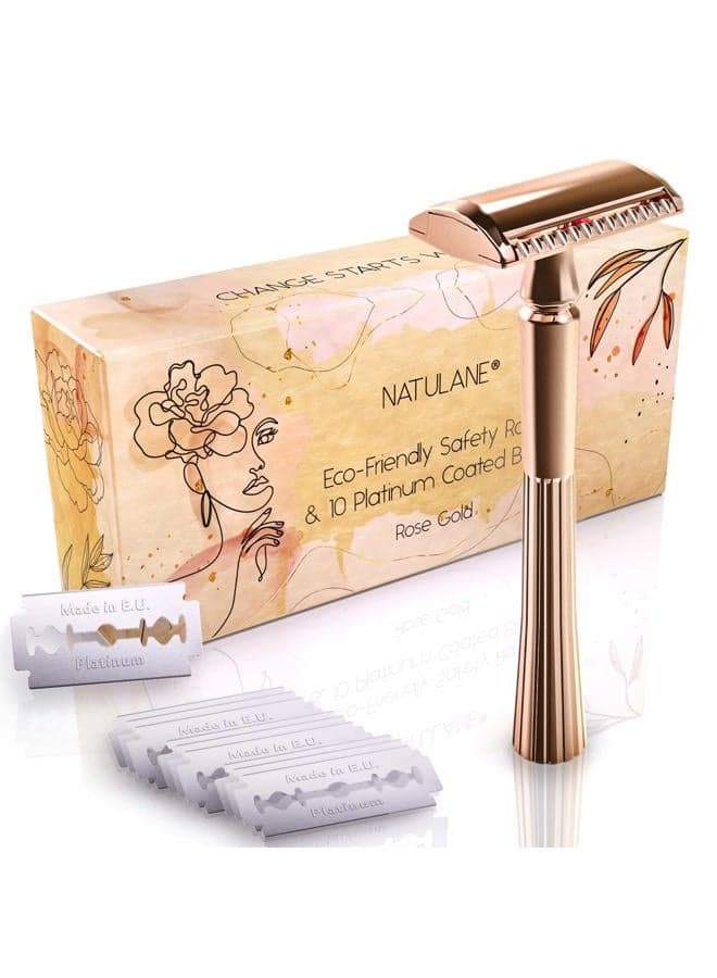 Eco Friendly Safety Razor For Women & Blades | Zero Waste Gift Ideas | Sustainable Shaver for Ladies | Rose Gold Straight Metal Razor | Stainless Steel Double Edge Razors | Reusable Safety Razor Women
