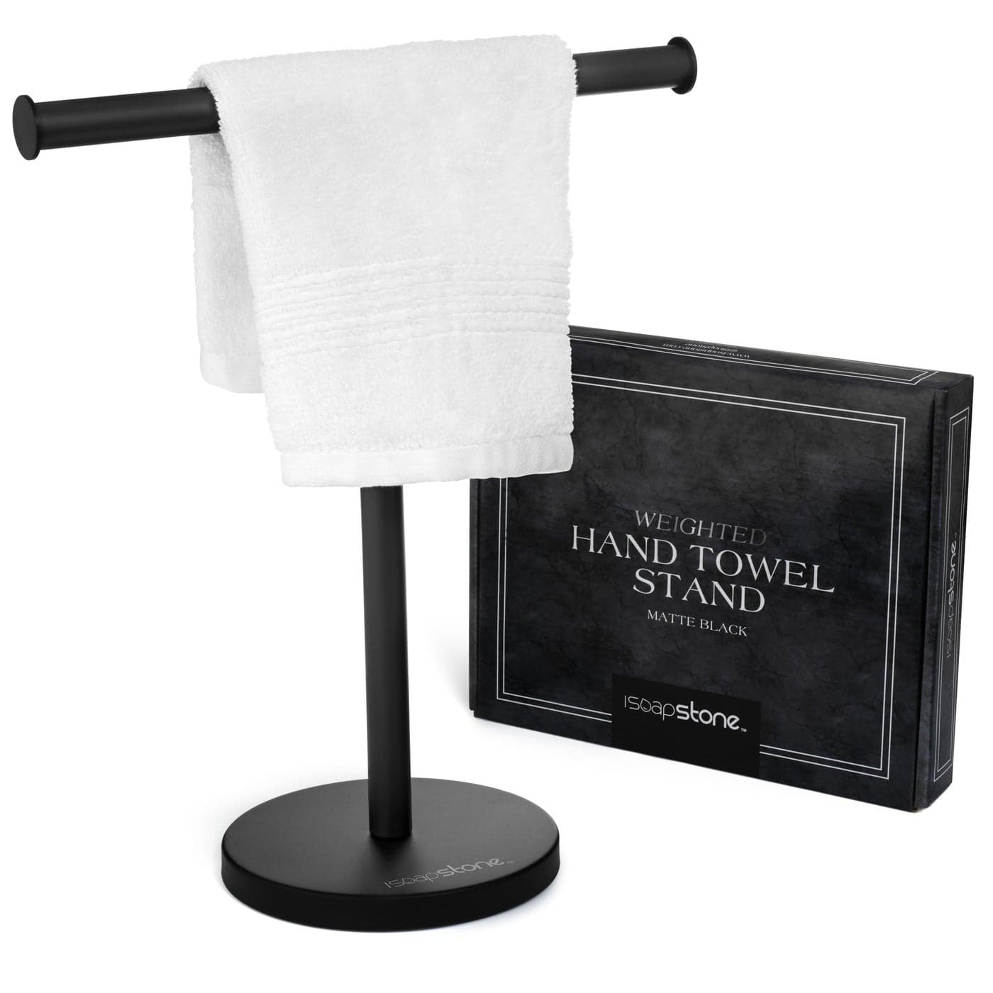 iSoapStone Luxury Hand Towel Holder Stand with Heavy Weighted Base Matte Black Towel Rack TShape Freestanding Towel Stand for Bathroom Vanity or Kitchen Countertop Waterproof Counter Organizer