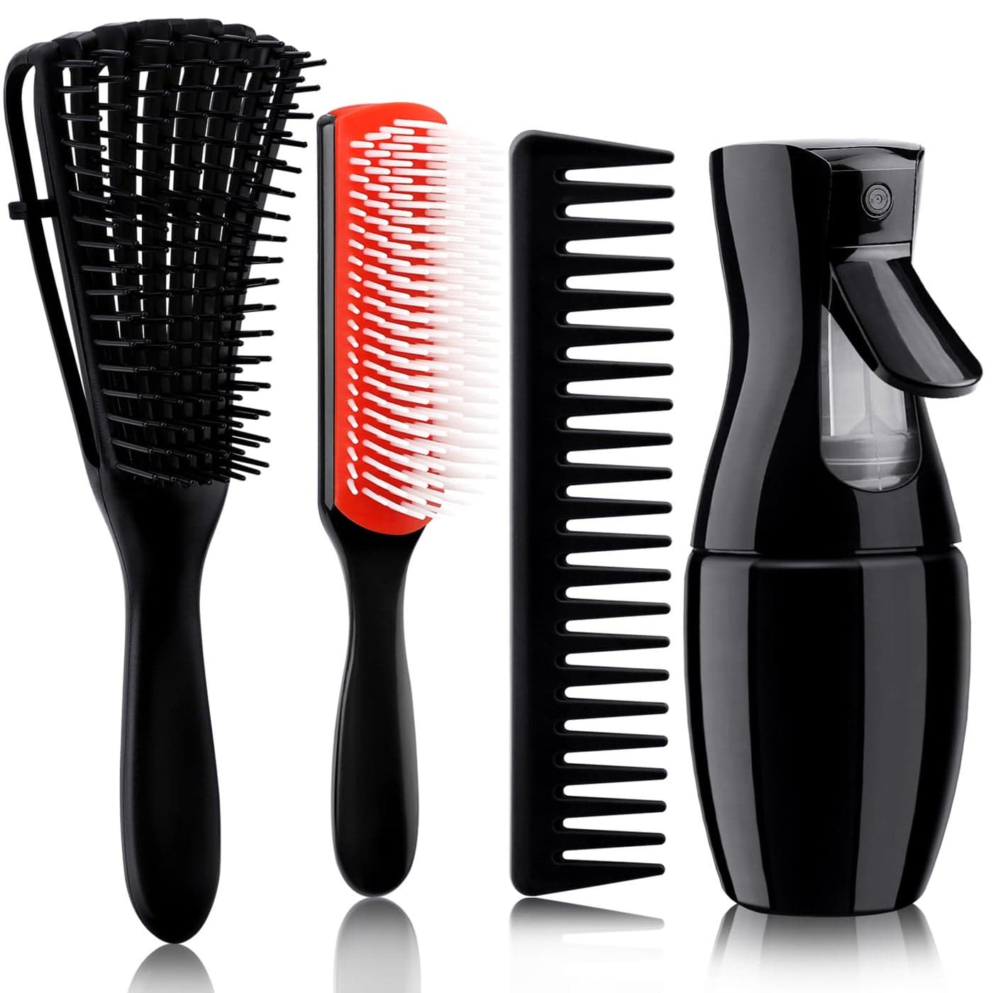 4pcs Curly Hair Brush Set for Adult Kids Wet or Dry Detangling with Spray Bottle Wide Tooth Comb 31 Red