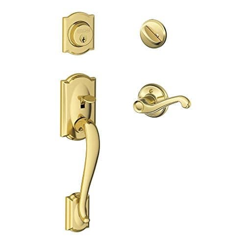 SCHLAGE Camelot Single Cylinder Handleset and Left Hand Flair Lever, Bright Brass (F60 CAM 505 FLA 605 LH)