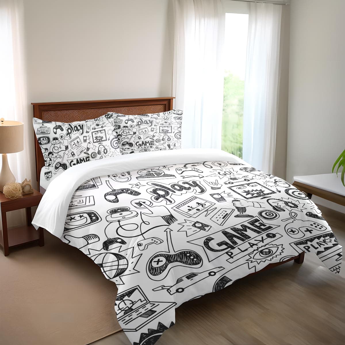 Vichonne Gaming Comforter Sets for Boys Teen Twin SizeKids Video Games Bedding Set Sketch Style Athletic Racing Game Design Bedroom Home Decor