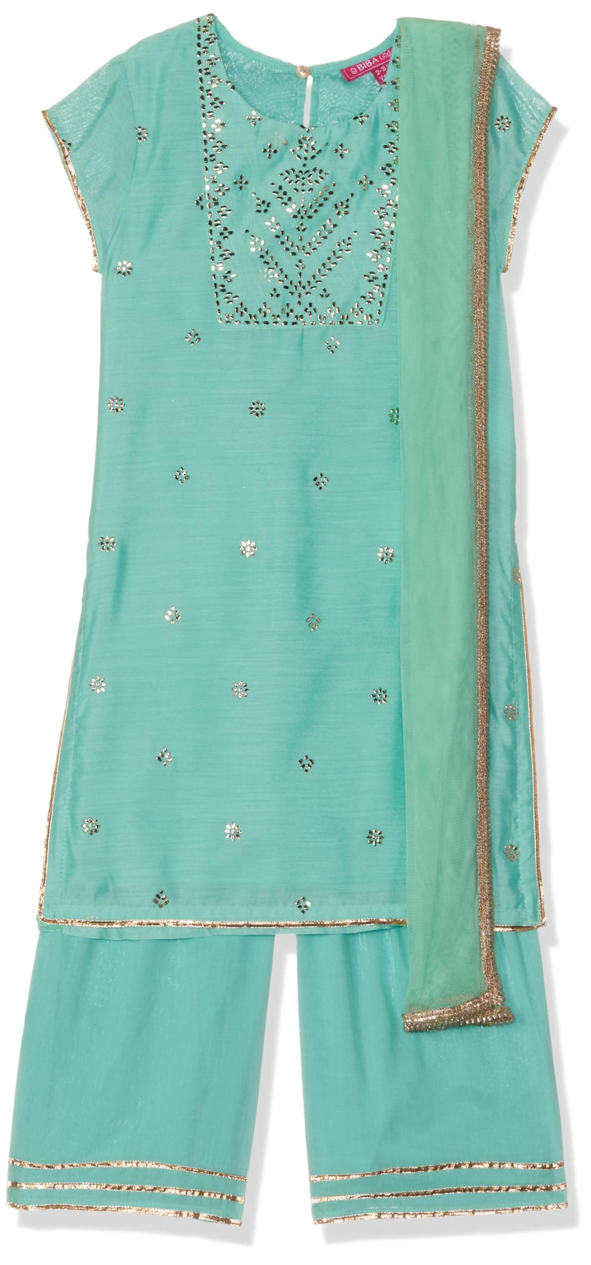 BIBA Girls Aqua Polyester Straight Printed Suit Set_4-5Y