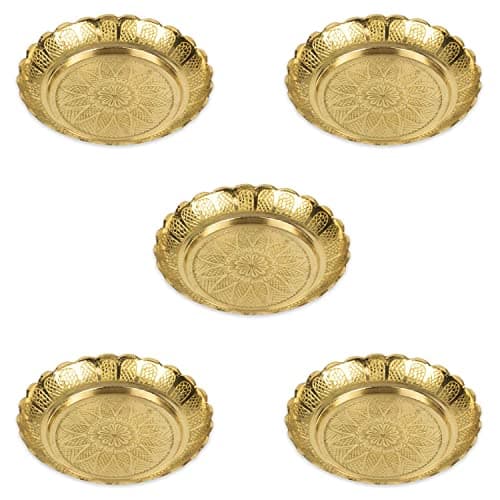 Klassic Small Brass Puja Thali/Bhog Thali for Mandir with Flower Engraved Design for Home & Temple Decoration & Gifting (Gold, 4 Inch, Pack of 5)