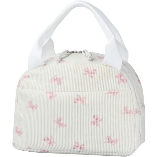 TESAFNG Lunch Bag - Insulated Lunch Box for Women, Reusable Large Capacity Cooler Bag for Adult, Small Leakproof Cute Corduroy Lunch Tote for Work Office Travel Picnic (Pink Bow)