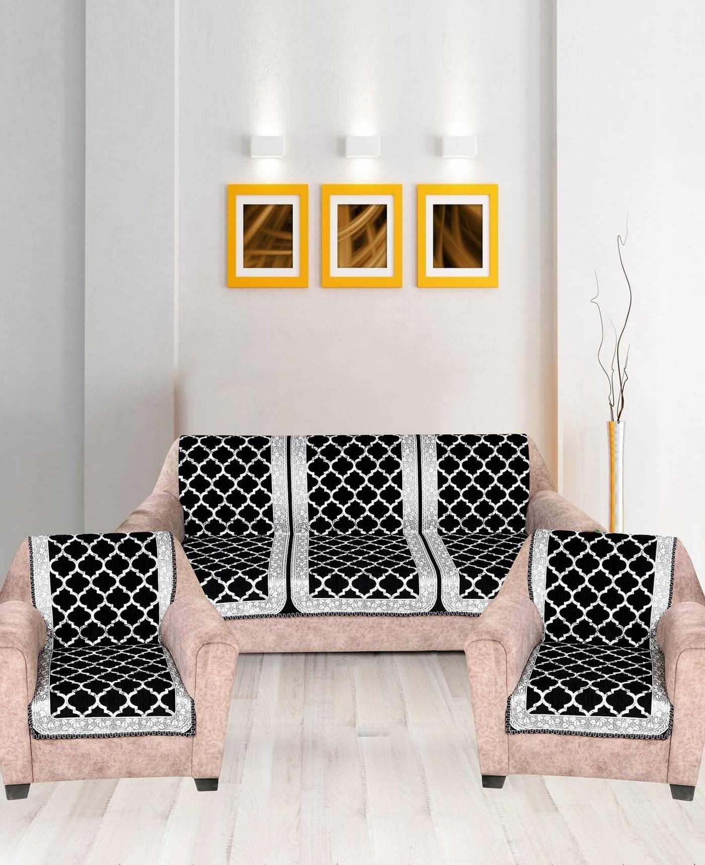 Nendle Modern Velvet Sofa Covers 3 Seater and 2 Seater Combined Sofa Seat and Back Cover|Anti-Slip Sofa Covers for Living Room (Black, Pack of 3)