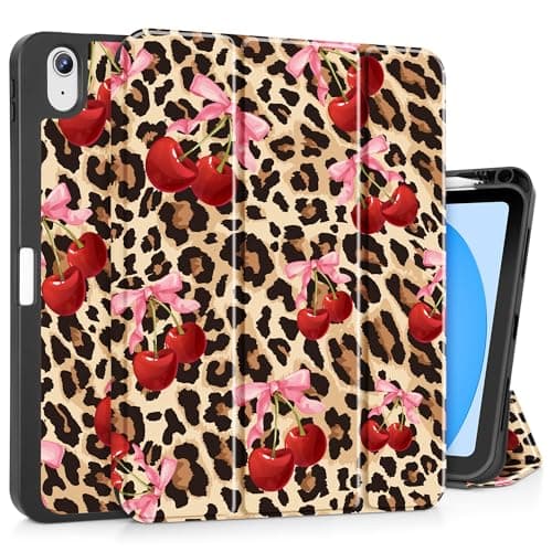 May Chen for iPad (A16) 11th Generation Case 11 Inch 2025, iPad 10th Gen Case 2022 10.9 inch, Trifold Stand with Auto Wake/Sleep Soft TPU Protective Stand Back Cover, Cherry & Cheetah