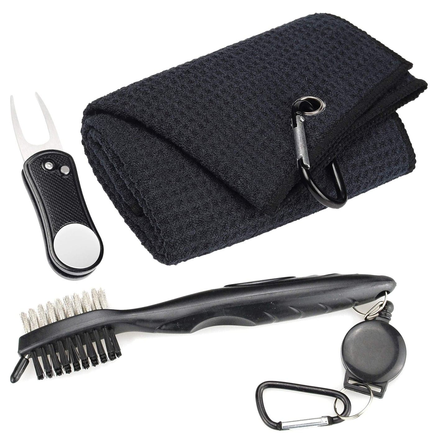 Mile High Life Microfiber Waffle Pattern Golf Towel Club Groove Cleaner Brush Foldable Divot Tool with Magnetic Ball Marker Black TowelBrushBone Divot