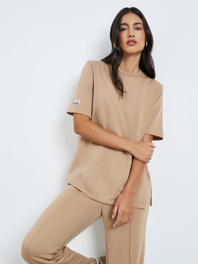 Styli Beige Oversized Terry T-Shirt with Side Slits