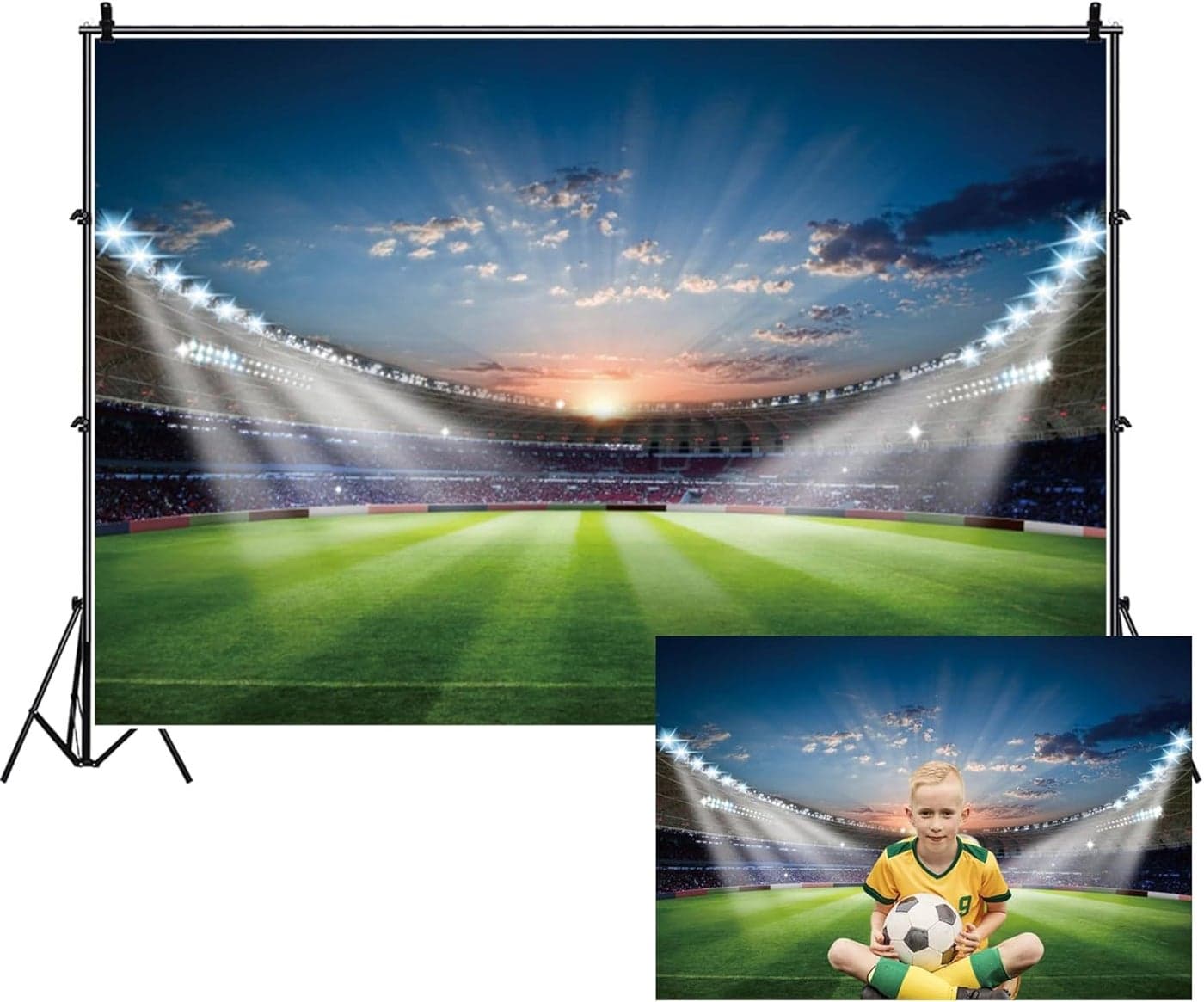 Renaiss 7x5ft Soccer Filed Backdrop for Photography Stadium Green Grass Football Filed Spotlight Lights Background Boys Kids Adults Birthday Sports Theme Party Decor Wallpaper Photo Shoot Props