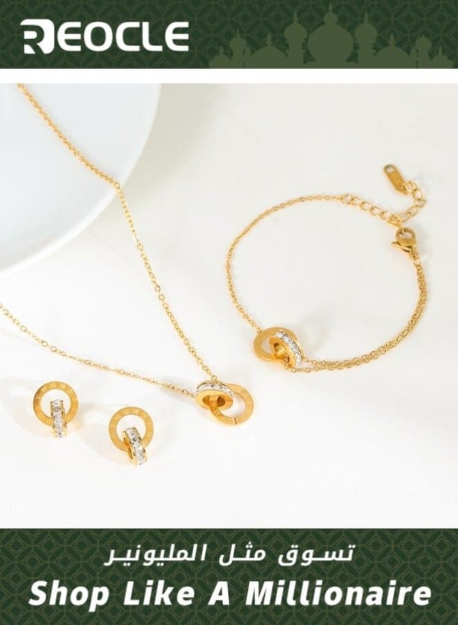 Women's Jewelry Set 18K Plated Rose Gold Roman Numeral Double Ring Diamond Earring Necklace 3 Pieces Jewelry Set Gifts for Mother Girls Women