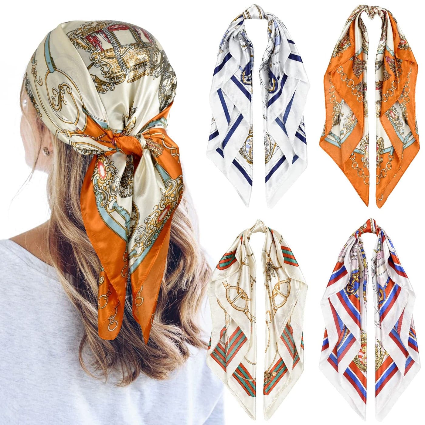 QBSM 4 Pcs 35'' Satin Head Scarf Silk Feeling Neck Scarves Hair Wrap for Sleeping Large Square Headscarf for Women