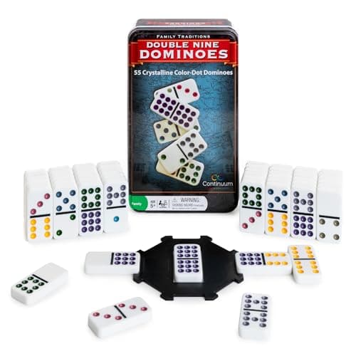 Continuum Games Family Traditions Double 9 Dominoes 55 Piece Set in Storage Tin Crystalline Dominoes for Kids and Adults Classic Game Night and Travel