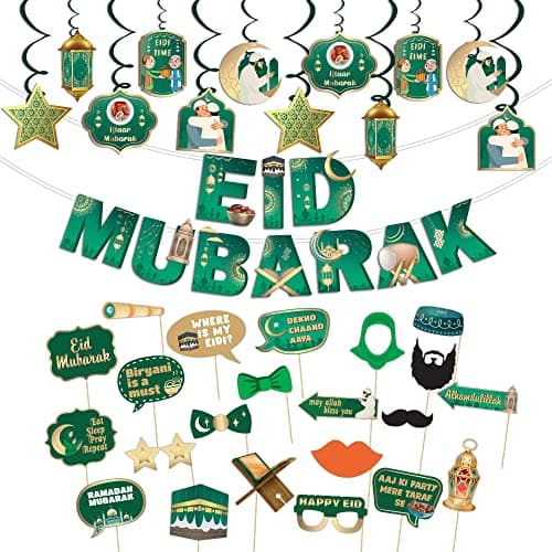 Festiko® Set of 47 Pcs Eid Mubarak Decoration Combo - (Banner/Swirls Ribbons & Cutouts/Photobooth Props), Eid Decorations, Ramadan Decorations