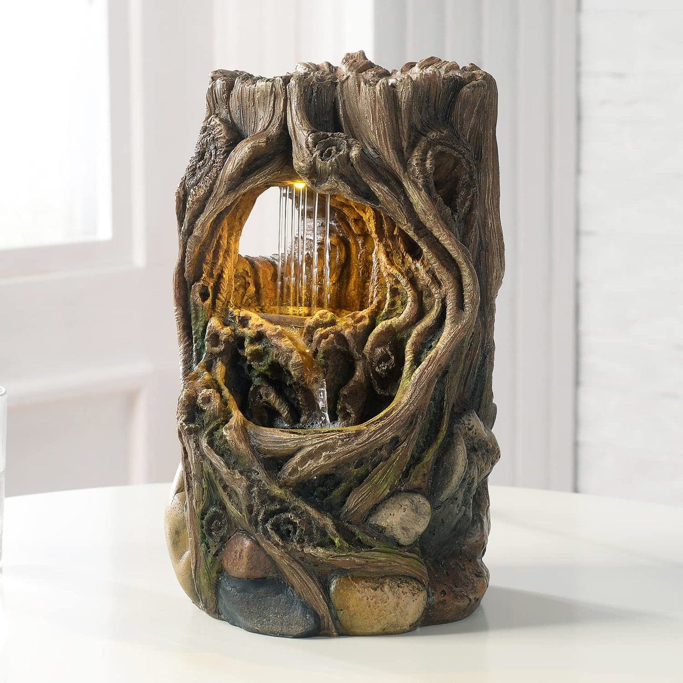 GOSSI Indoor Fountain Beautiful Stump Water Fountain Relaxation Raindrop Fountains Meditation Desk Fountain Artistic Waterfall Fountains HomeOffice Decor22013