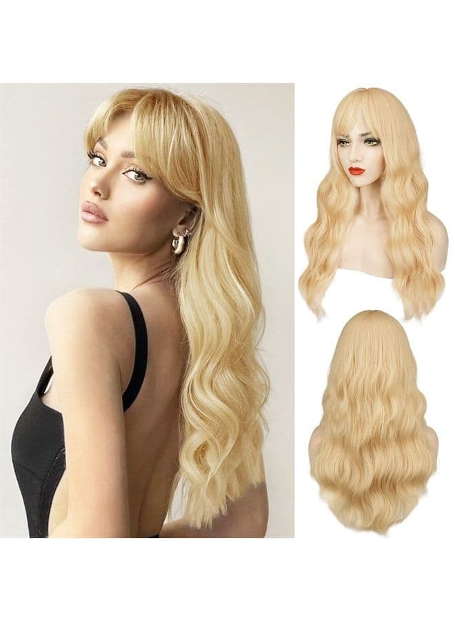 Long Blonde Wig With Bangs, Blond Long Wavy Wig With Bangs For Women Body Wavy Synthetic Hair Wigs Blonde Curly Wig Cosplay Natural Looking Heat Resistant Daily Party Halloween-26'', Blonde