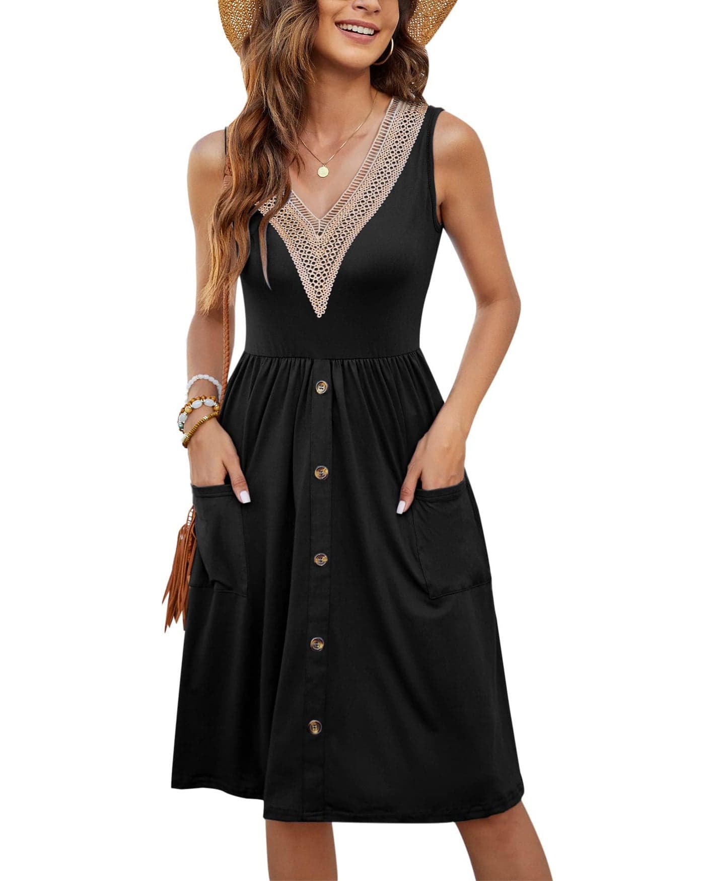 MOLERANI Women Summer Dresses Sleeveless Casual Loose Swing Button Down Midi Dress with Pockets,Black,M