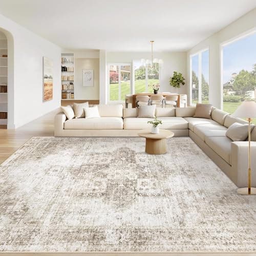 VECARF Area Rug 9x12 Washable Rug, Vintage Boho Medallion Rugs Non-Slip Soft Low Pile Large Distressed Rug Indoor Retro Carpet for Living Room Bedroom Dining Room Home Office (Taupe, 9'x12')