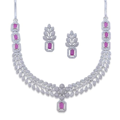 Iksava ruby American Diamond Necklace Set –CZ Stones, Rhodium-Plated Finish, Adjustable Chain, Push-Back Earrings – Ideal for Weddings, Parties & Special Occasions (D730 Pink)