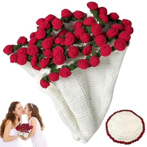 HASTHIP® 70CM Diameter Finished Rose Bouquet Blanket, Knitted Throw Blankets, Handmade Crochet Flower Bouquet Blanket for Birthday Wedding Home Decor for Mom