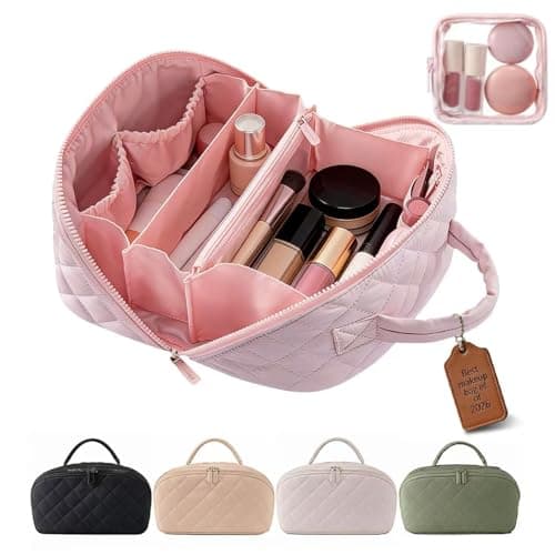 BQFLY Travel Makeup Bag Toiletry Bags for Women Small Cute Brush Quilted Skincare Organizer Set My Parallel Toiletries Cosmetic Puffer Fold down Traveling Organizers Mini Purse Skin Care Lay Flat