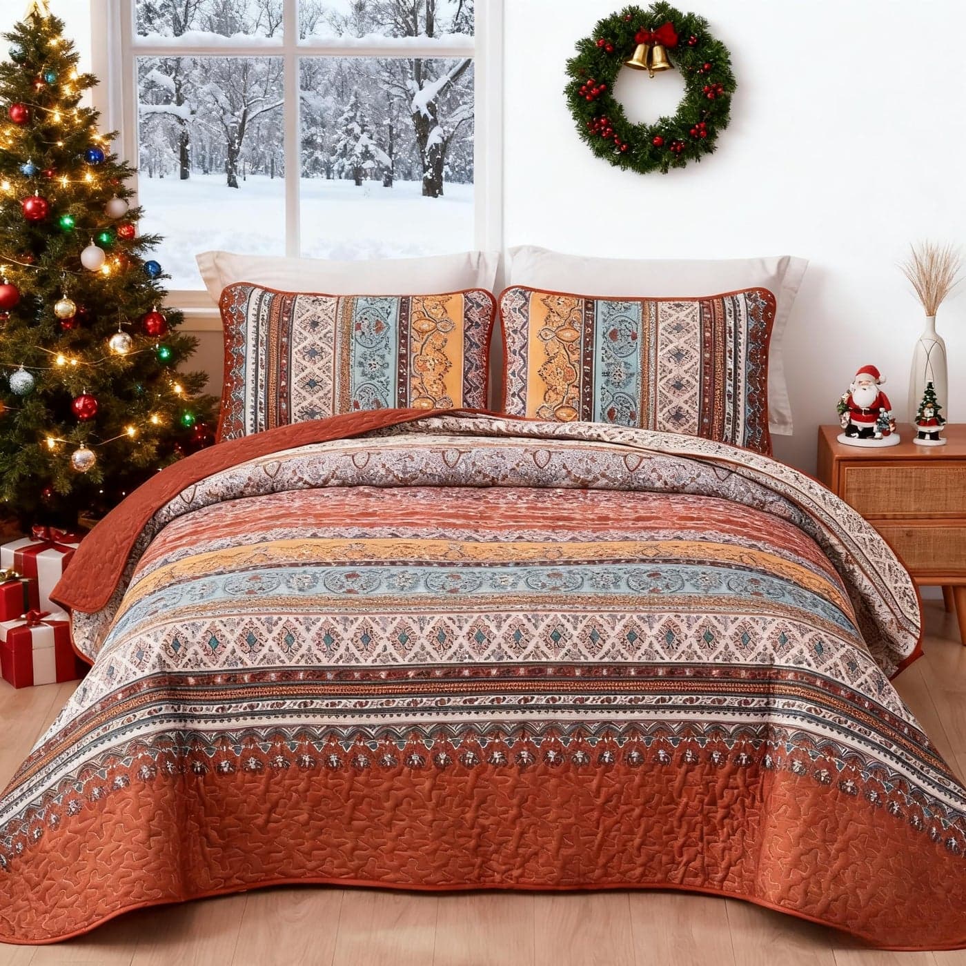 WONGS BEDDING Boho Quilt Set Queen Size Burnt Orange 3 Pieces Fall Striped Bedspread Coverlet Set Christmas Halloween Soft Lightweight Microfiber for All Season9690