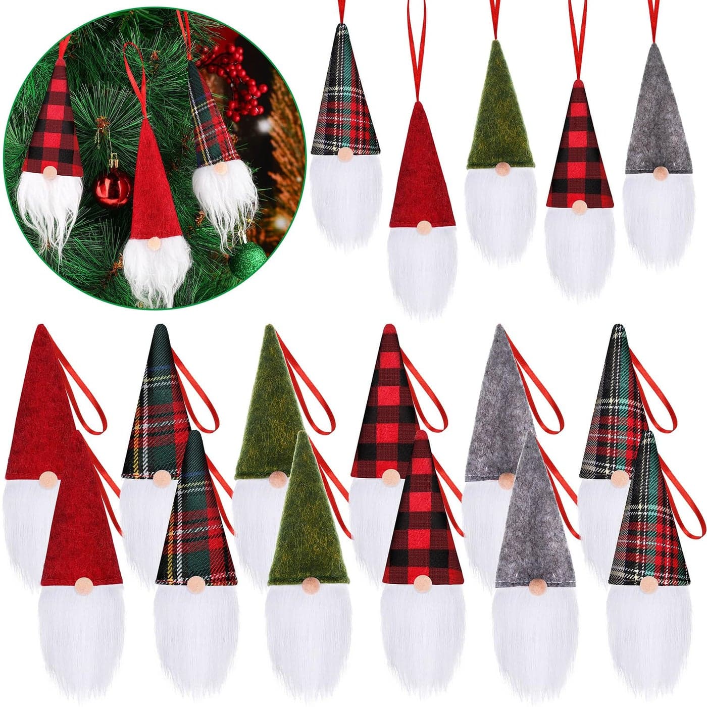 Skylety 30 Pcs Gnome Ornaments Christmas Hanging Buffalo Plaid Decor for Christmas Tree Scandinavian Decorations Santa Gnome Tomte Plush Ornaments Bulk