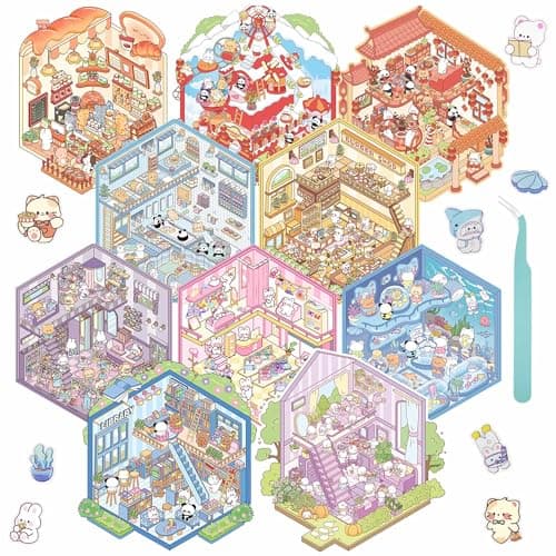 10 Sets 3D Sticker Scene Sticker Therapy DIY Kawaii 3D Stickers for Adults Build Your Own Scene Stickers Collection Cozy Room Cute Miniature House Shop Relief Stress Pass The Time