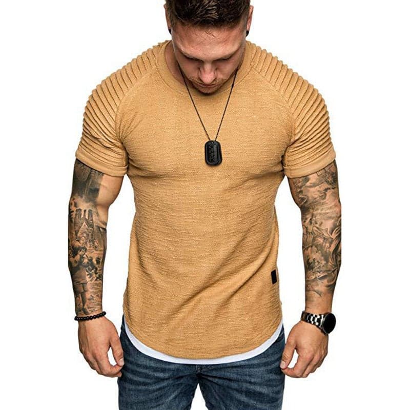 Men'S T-Shirt Slim Fit Pleated Casual Round Neck Short-Sleeved Youth Fashion Men'S Sports Raglan Sleeve Base Shirt