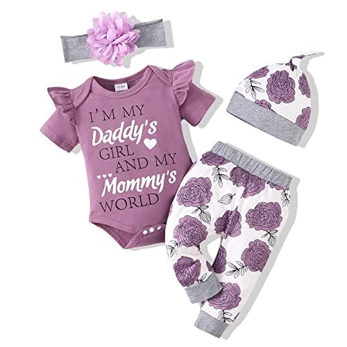 Renotemy Infant Baby Girl Outfit Summer Newborn Clothes Set Ruffle Tops Pants with Headband Cute Baby Clothes Girl 6-12 Months Purples