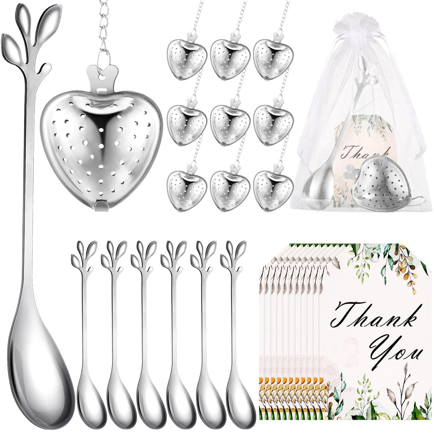 Yiyiring 25 Sets Bridal Shower Tea Party Favor for Guest Leaf Tea Spoon Heart Shape Infuser Ball for Loose with Thank You Card Organza Bag Wedding Souvenir GiftSilver