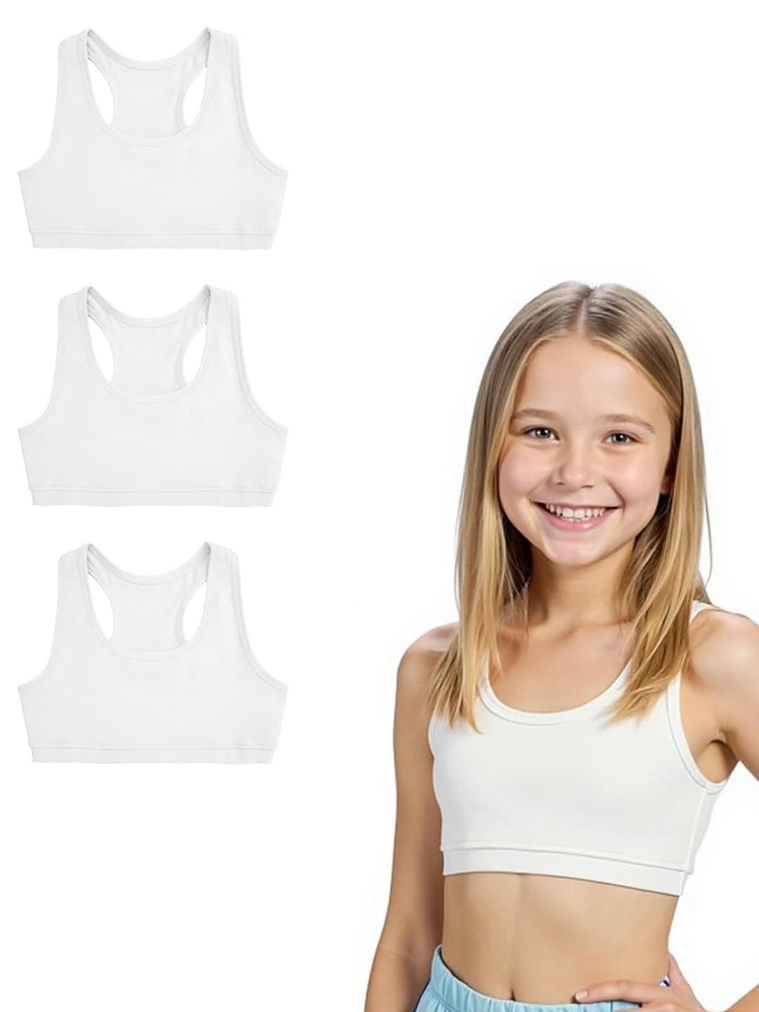 A.T.U.N. (ALL THINGS UBER NICE) Girls Cotton Sports Bra for Teen and Teenagers (Pack of 3) | Racerback Beginner Tshirt for Girls | Comfortable Training, Yoga & Workout Bra White