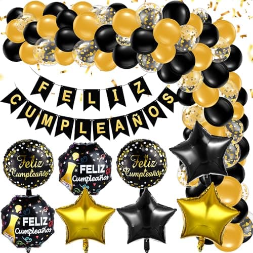 Lunmon 98 Pcs Feliz Cumpleaos Decorations for Men Women Spanish Birthday Decoration Black and Gold Party Decorations Kit Feliz Cumpleaos Banner Black and Gold Balloons for Birthday Party Supplies