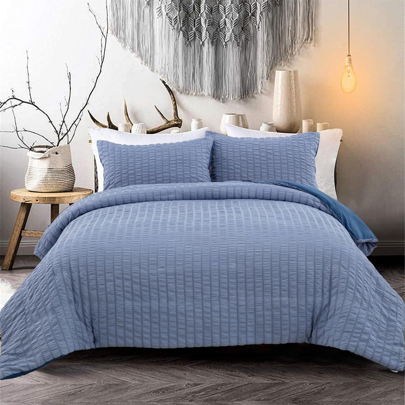 Blue Classic Seersucker Duvet Cover Pinch Pleat Bedding Set Puckering and Crimping Duvet Cover SetSoft MicrofibreKing Size 220230cm