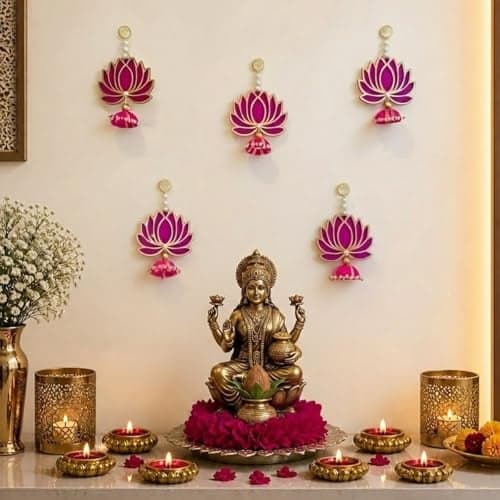 Lookool Lotus Wall Hanging for Home Decor - Wedding - Diwali - Pooja Mandir Decoration Items for Office, Shop - Wall Decor Pink Lotus Hangings Pack of 6 Pcs - Kamal Flowers