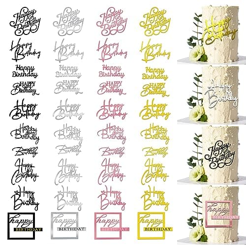 40 PCS Happy Birthday Cake Toppers Mirror Acrylic Toppers with 10 Styles 4 Colors for Birthday Party Cake Desserts Pastries