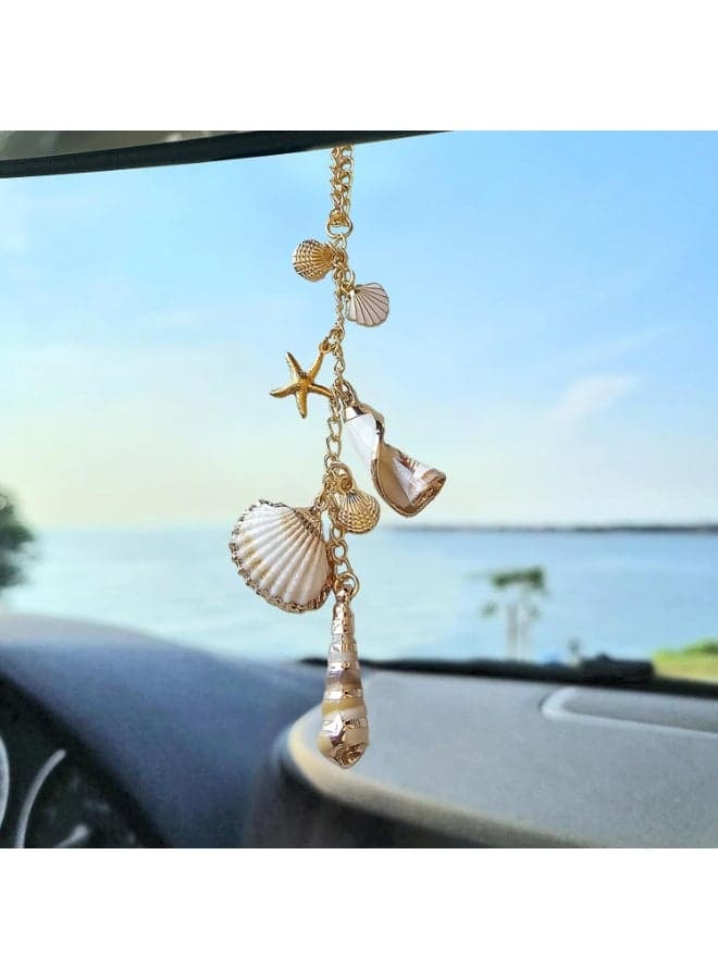 Sea Shells Car Decor,Cute Coastal Hanging Charm for Rear View Mirror, Boho Beach Themed Car Accessories,Hand-Made Starfish Conchas Aesthetic Ornament Pendant for Women