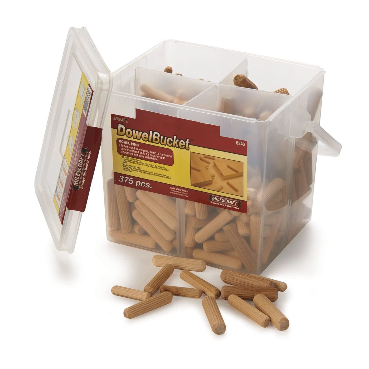 Milescraft 53460003 5346 Dowel Pin Bucket-375 Wooden Dowels-1/4in (200 pcs.) -5/16in (100pcs.)-3/8in Dia. (75pcs.) Made of Hardwood-Ideal for Woodworking Projects, Original Version