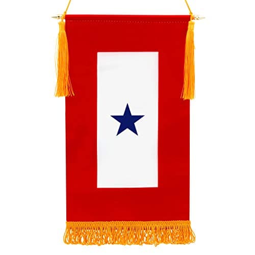 ANLEY Military Service Banner American Family Member On Service One Blue Star 15 X 8 Fringed Flag Wooden Flagpole Golden Hanging Cord with Tassels Vivid Color Fade Resistant