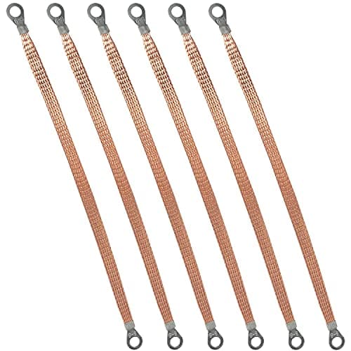 6pcs Flat Copper Braided Connecting Wire 11.8 Inch Round Hole Braided Copper Ground Strap for High Voltage Equipment, Ground Lead and Shielding