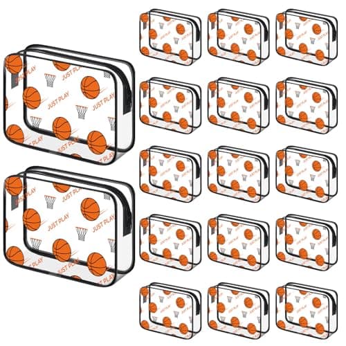 Locmeo 24 Packs Basketball Clear Makeup Bags Bulk Basketball Party Favors Team Gifts March Sports Goodie Snack Bags with Zipper Waterproof PVC Cosmetic Pouches Travel Toiletry Organizers