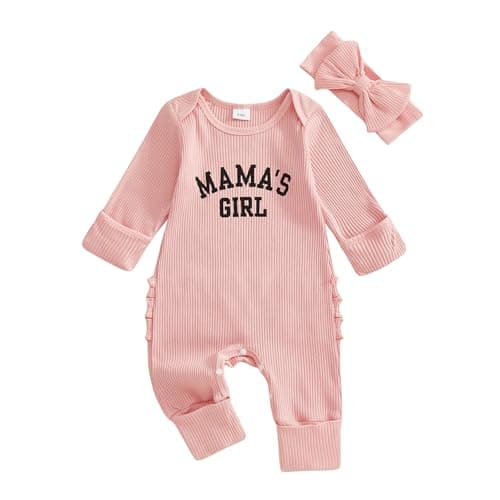 Mieeyali Mamas Girl Baby Girl Outfit Newborn Outfit Girl Mommys Girl Jumpsuit Knit Romper Preemie Coming Home Clothes Pink Mamas Girl Newborn