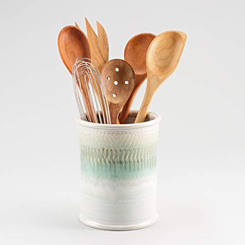 Georgetown Pottery Handmade Kitchen Utensil Holder Ivory and Green Oribe Made in USA Ceramic Utensil Crock Organizer