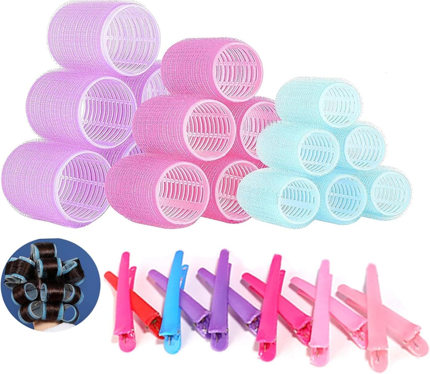30 Pcs Hair Hook and Loop Rollers with Clips No Heat Hair Curlers 18pcs Hair Rollers 12Pcs Clips 60mm48mm36mm for Long Short Hair