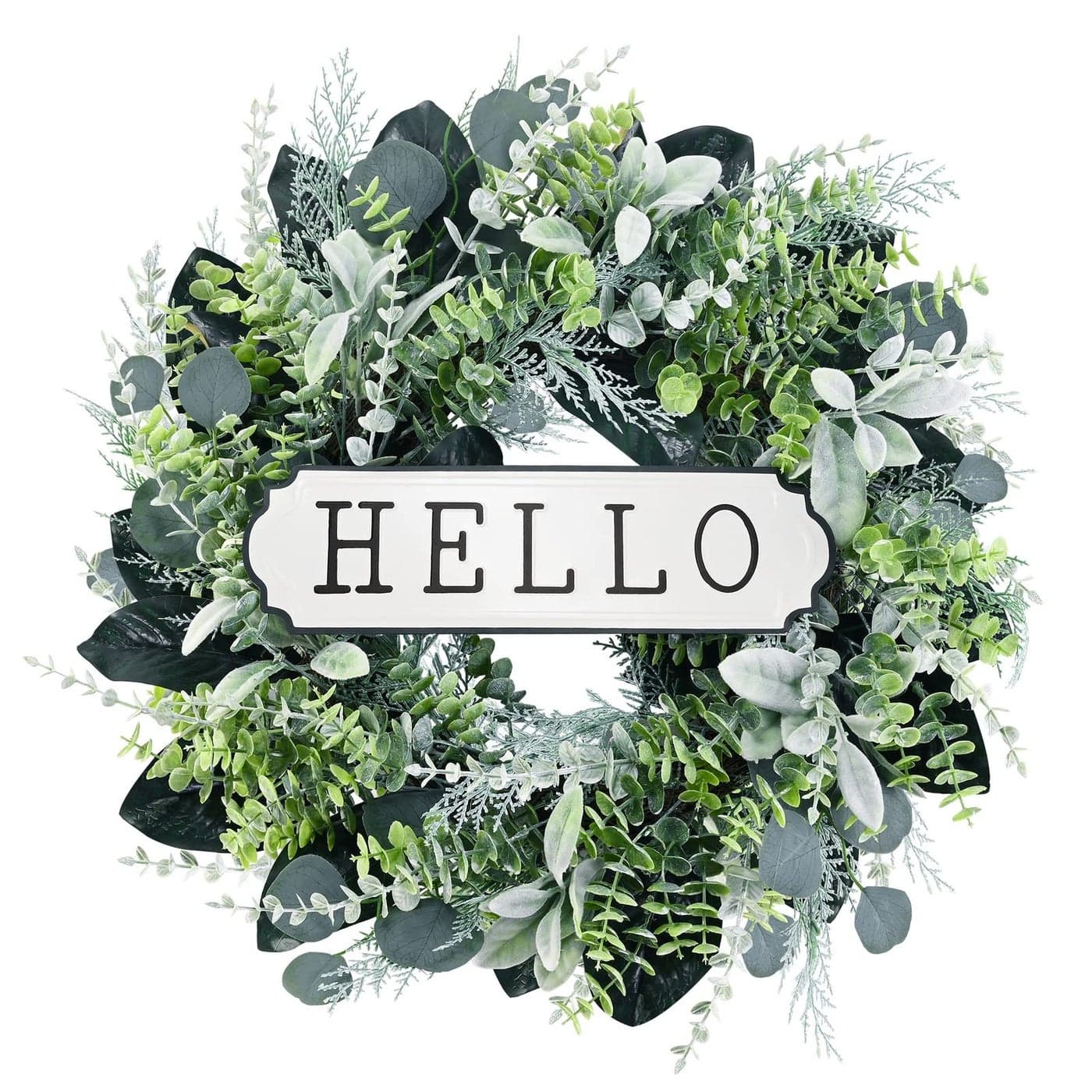 SEVENLOVE Hello Door Wreath Boxwood Wreath 24inch Farmhouse Eucalyptus Flocked Lambs Ear Wreath for Front Door Hanging Wall Window Party DecorationGreen