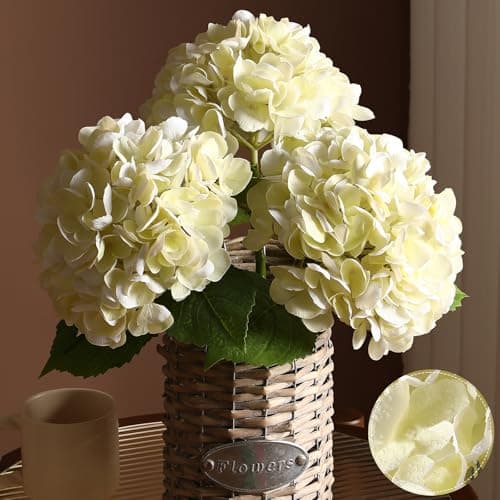 FLORRALIA 3Pcs Hydrangea Artificial Flowers 2244 Real Touch Latex Faux Hydrangea with Long Stems Leaves for Home Office Decor or Wedding Party Centerpieces Floral Arrangements Cream White