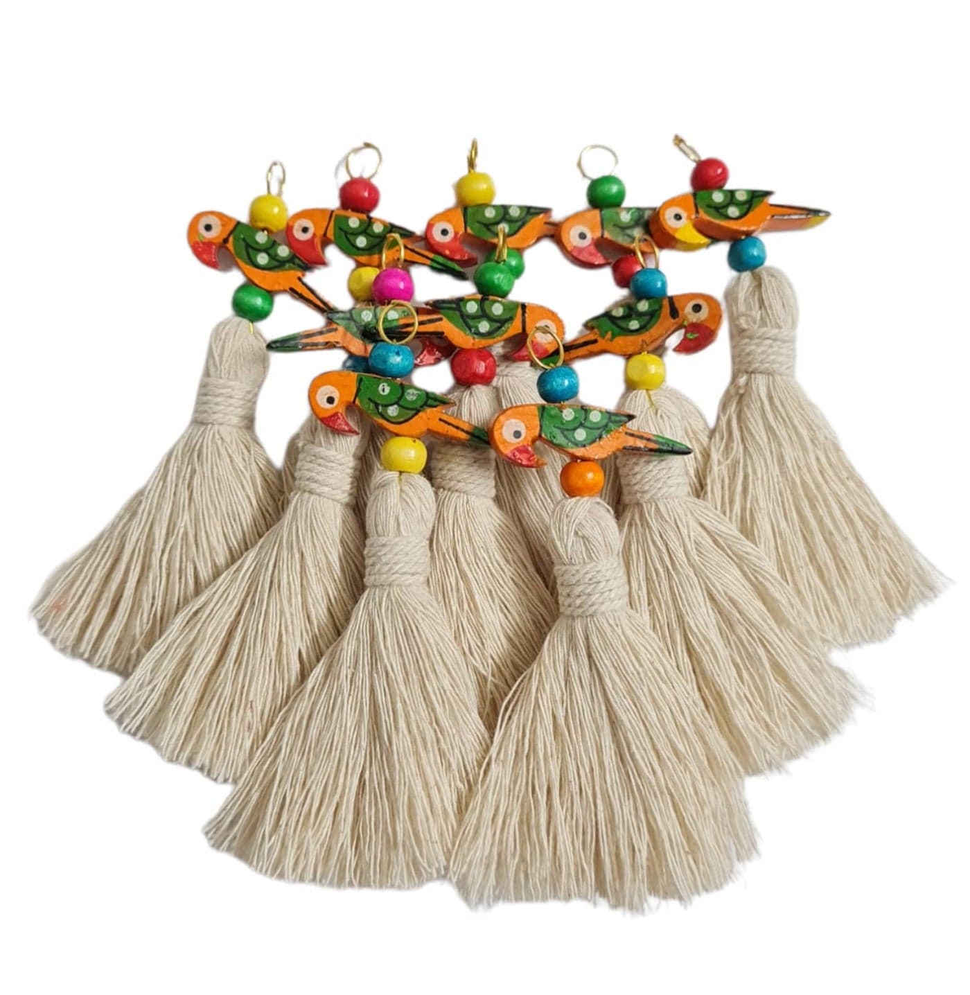 Zippy Flora Handmade Mini Cotton Tassels with Parrot Embellishments | Pack of 10 | Decorative Off-White Boho Hanging Tassels for Home Décor, Craft Projects, Gift Wrapping, Jewelry Making