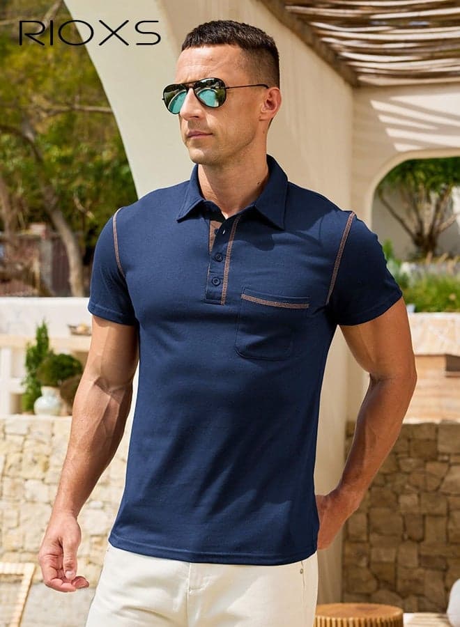 Men's Polo Shirts, Classic Button Cotton T-Shirt, Short Sleeve Casual Golf Tee Tops, Soft Lightweight Collared T Shirts, Stretch Comfy Jersey Polos, Basic Polos Tops for Gym, Work or Daily Wear, Tennis Shirts with Pocket, Dark Blue Tops
