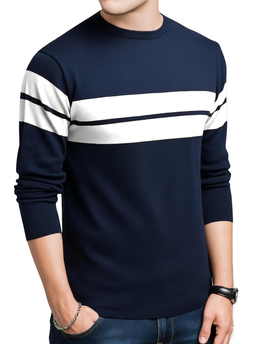 LEOTUDE Stylist Regular fit Full Sleeve Cottonblend Colourblock Round Neck Tshirt for Man (18_Brown_P_White_3XL)