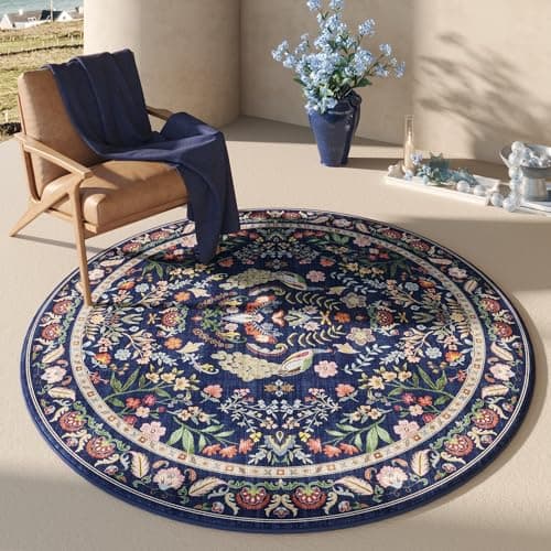 Rugcomf Round Rug 6ft Washable Circle Rug Floral Non Slip Low Pile Small Circular Rug for Bedroom, Bathroom, Entryway, Kids Room, Office(Blue)