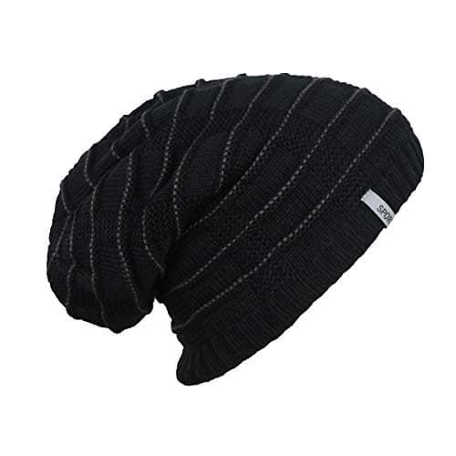 iSWEVEN Mens Womens Hat Beanie Cap, Unisex Winter Warm Knitted Hats, Fleece Lining Slouch Skull Beanies Caps for Men Women (4082A, Black)